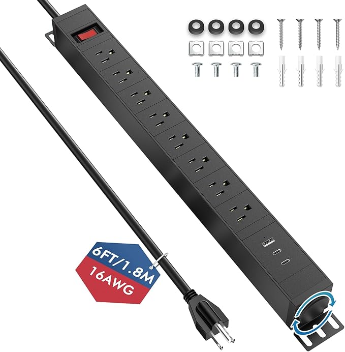 8 Outlet Metal Wall Mount Power Strip, 360° Rotatable Mounting, PD 20W USB C by BTU