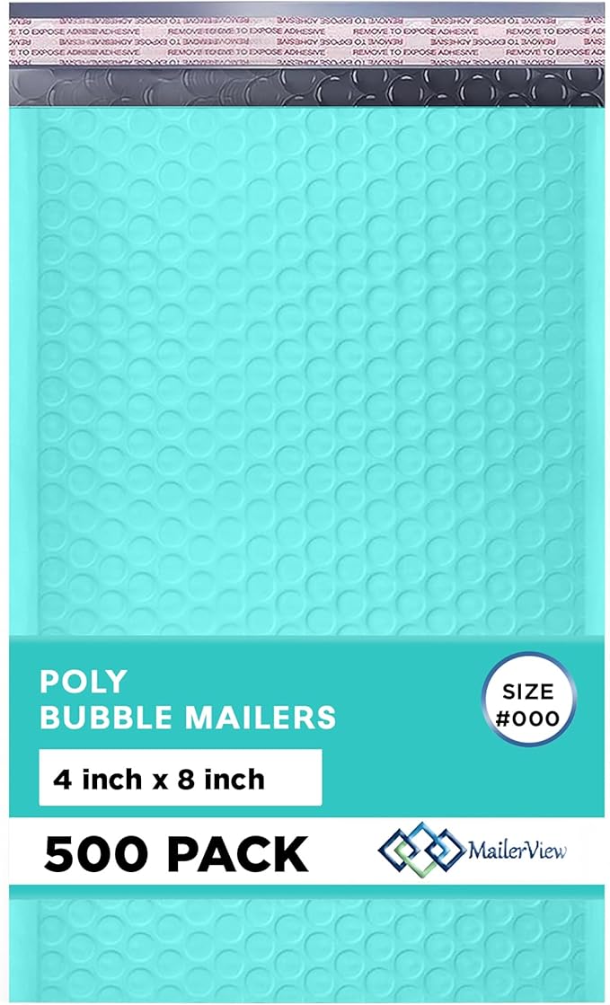 Teal Small Bubble Mailers 4x8 Inch #000 | Thick Padded Poly Bubble Mailer by MAILERVIEW