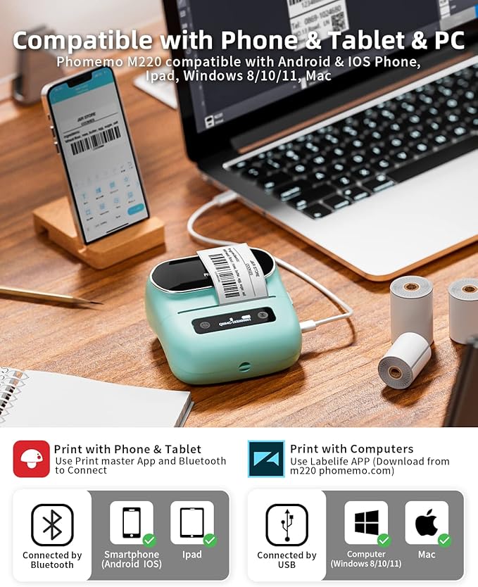 Phomemo Label Maker, M220 Thermal Label Printer, Portable Bluetooth Wireless - Image 4