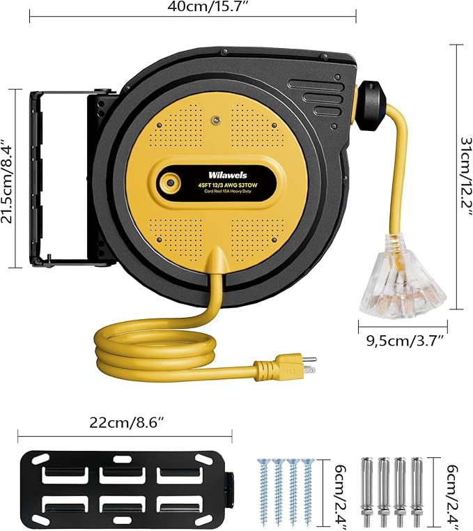 45 FT Retractable Extension Cord Reel, Heavy Duty Power Cord, 12AWG/3C SJTOW - Image 8
