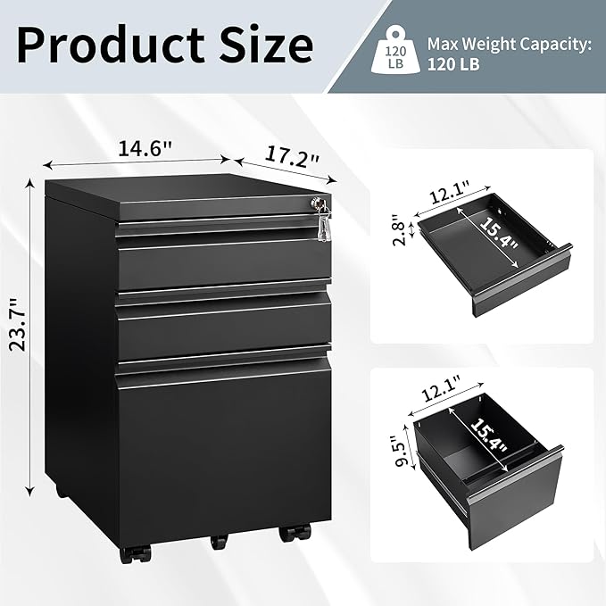 3 Drawer File Cabinet for Home Office, Under Desk Mobile Filing Cabinet - Image 3