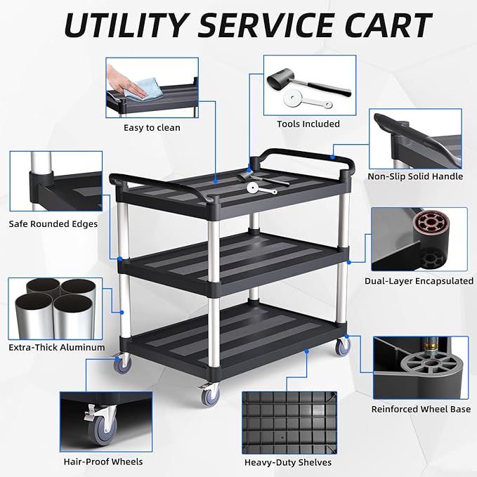 Utility Cart with Wheels, 3 Tier Rolling Cart with Tangle-Free Wheels, Heavy - Image 7