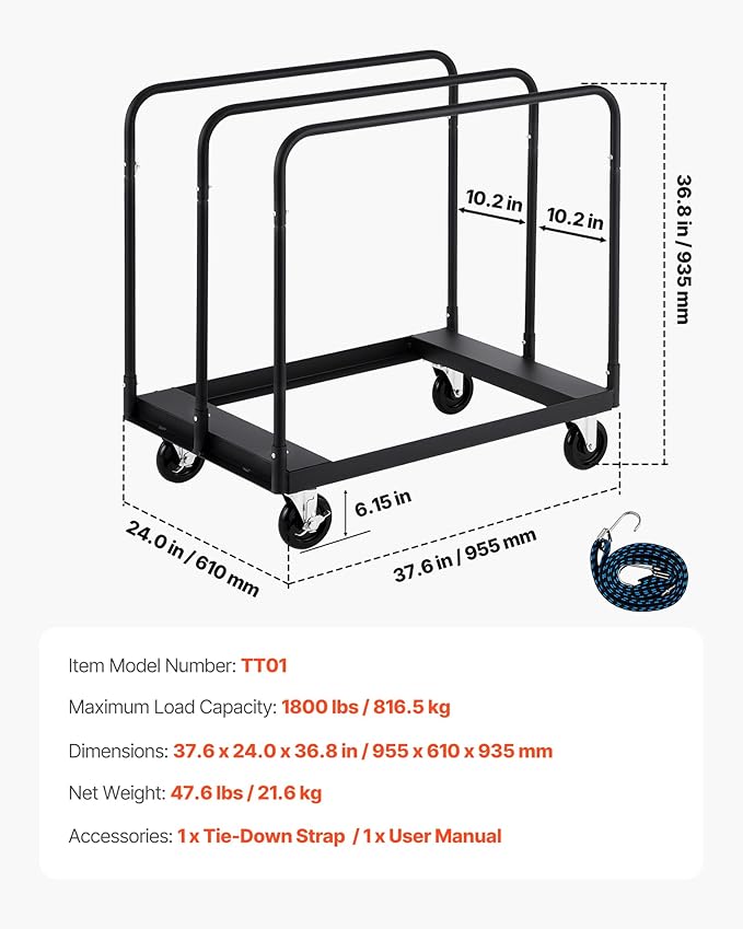 VEVOR Drywall Cart Dolly, 1800 lbs Load Capacity, Steel Panel Truck Cart - Image 7
