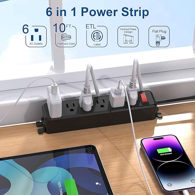 Wall Mount Power Strip, Flat Plug Power Strip - Image 2