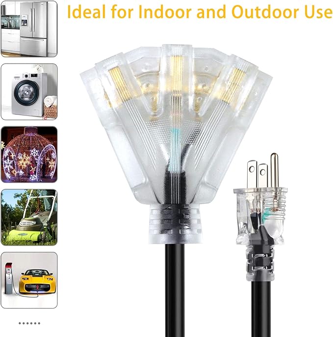 15FT 12/3 Extension Cord Heavy Duty Black 3-Outlet Indoor/Outdoor SJTW Lighted - Image 5