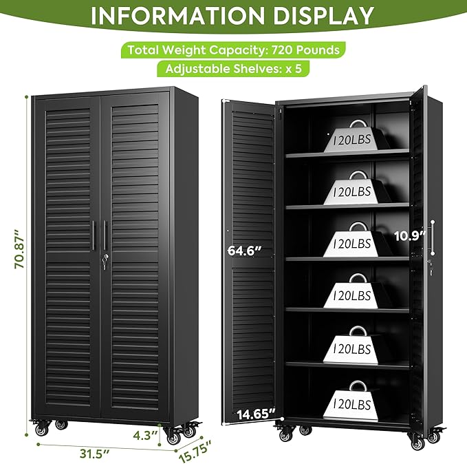 Garage Storage Cabinet with Wheels & Pegboard, Lockable Metal Storage Cabinet - Image 3