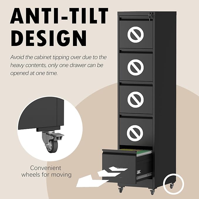 5 Drawers Filing Cabient with Wheel, File Cabinet with Lock, Steel Vertical - Image 5