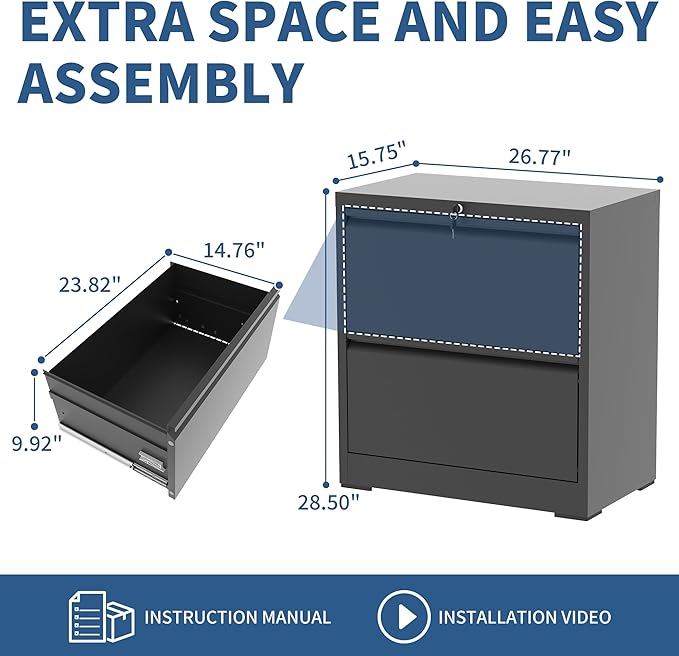 2 Drawer File Cabinet with Lock, Heavy Duty Steel Horizontal Locking Storage - Image 3