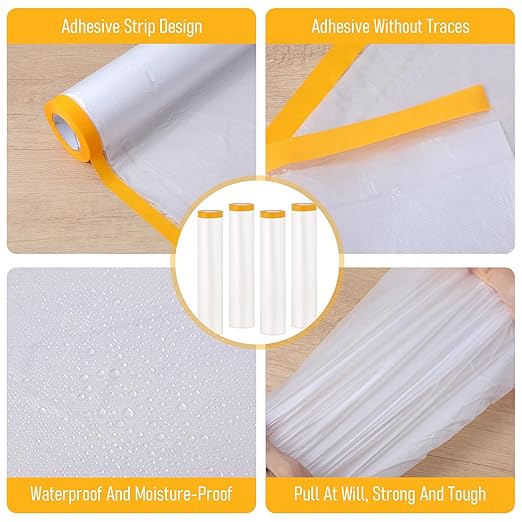 Pre-Taped Masking Film, 4 Rolls 8.8 x 65 Feet Plastic Sheeting, Painters Drop - Image 3