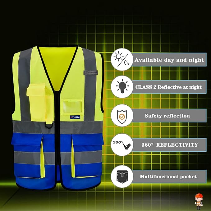 A-SAFETY Reflective Safety Vest, Hi Vis 9 Pockets High Visibility Zipper Front - Image 4