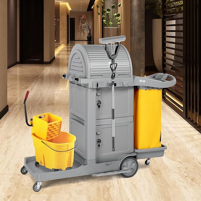 TUFFIOM Janitorial Cart on Wheels, 3 Shelf Commercial Cleaning Cart - Image 9
