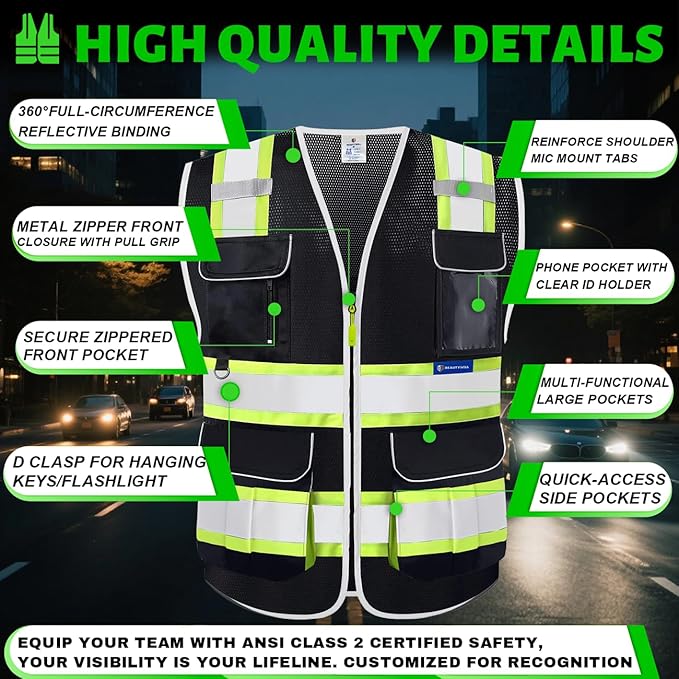 BeautyWill Custom Logo 10 Pockets Safety Vest Class2 ANSI Certified High - Image 6