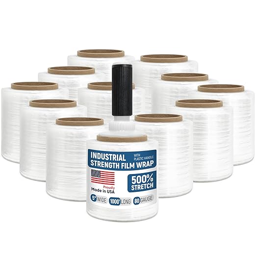 5" x 1000’ Industrial Strength Stretch Wrap, Ready to Use Pack of 12 Mini Rolls by Paclord