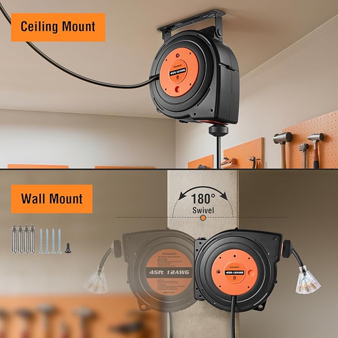 SURAIELEC 12 Gauge Extension Cord Reel, 45 FT Retractable Extension Cord - Image 5