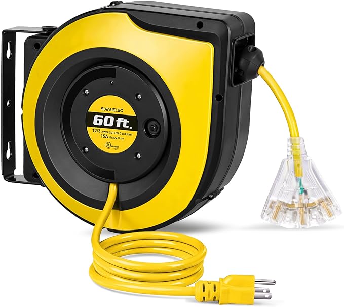 SURAIELEC 12 Gauge Extension Cord Reel, 60 FT Retractable Extension Cord by SURAIELEC