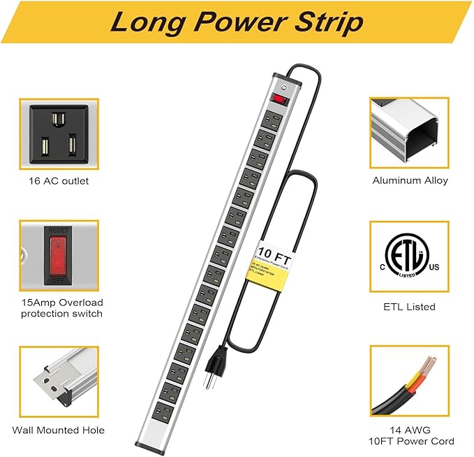 10-Pack Long Surge Protector Power Strip, 16 Outlet Heavy Duty Power Strip - Image 5
