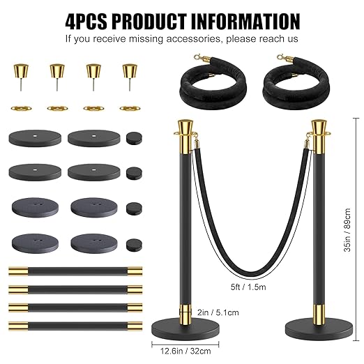 kaiyomi 4Pcs Stanchions with Black Velvet Ropes Set, 5 Feet Velvet Ropes and - Image 2