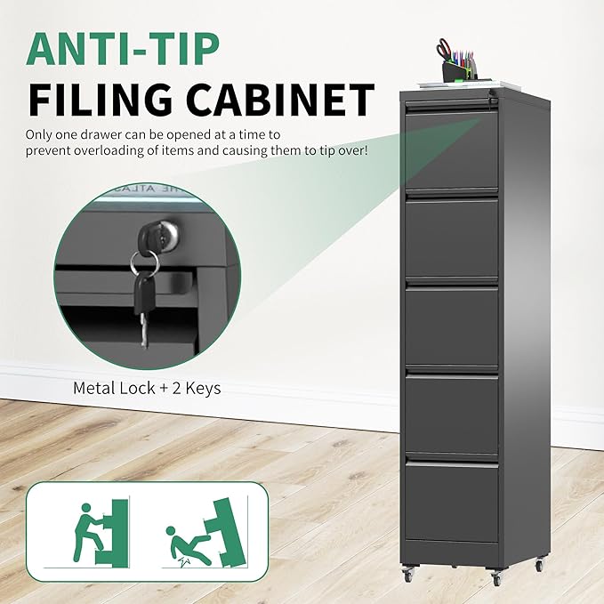 5 Drawer Mobile File Cabinet, Under Desk File Cabinet, Metal Filing Cabinets - Image 4