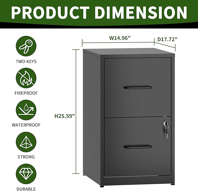 2 Drawer File Cabinet with Lock, Steel Vertical Filing Cabinets - Image 3