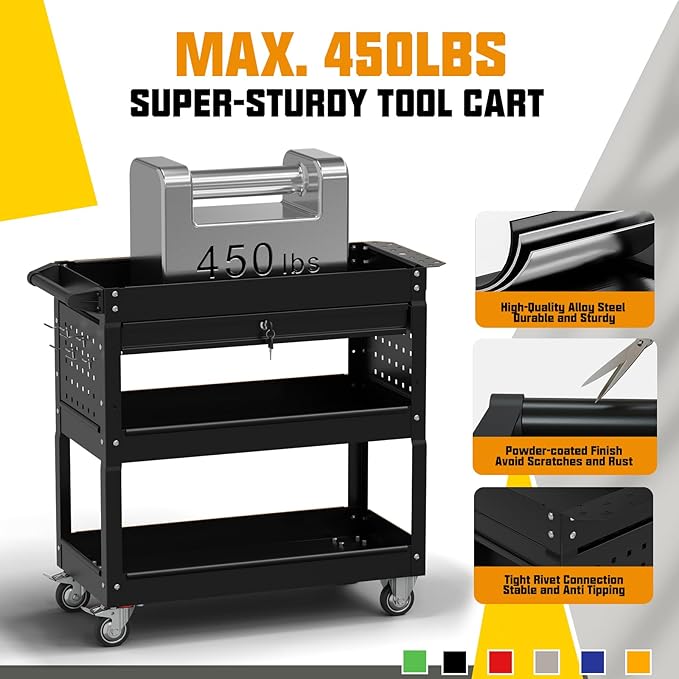 3 Tier Rolling Tool Cart on Wheels, 450 LBS Capacity Tool Cart - Image 4