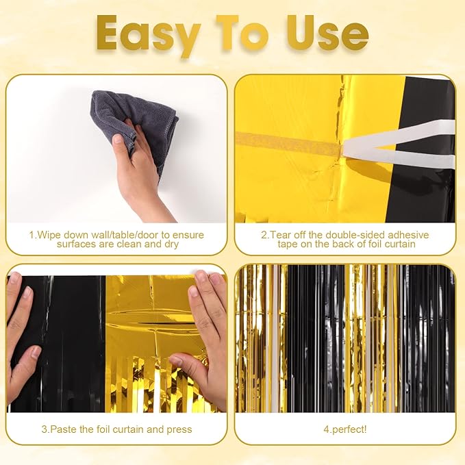 3 Pack 3.3x8.2 Feet Black and Gold Foil Fringe Backdrop Curtains, Tinsel - Image 4