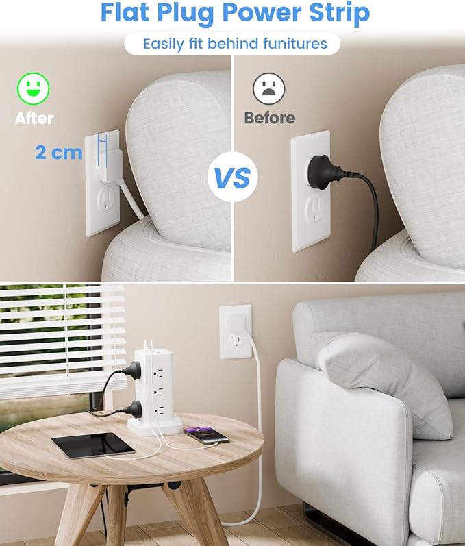 15-in-1 Power Strip Tower with Surge Protector 1800J, Fast Charging Tower PD20W - Image 4
