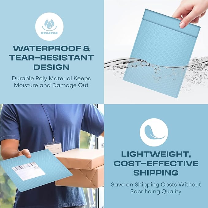 Light Blue Small Poly Bubble Mailers 6x10 inch #0 | Self Seal Padded Envelopes - Image 6