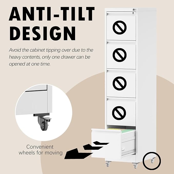 5 Drawers Filing Cabient with Wheel, File Cabinet with Lock, Steel Vertical - Image 5