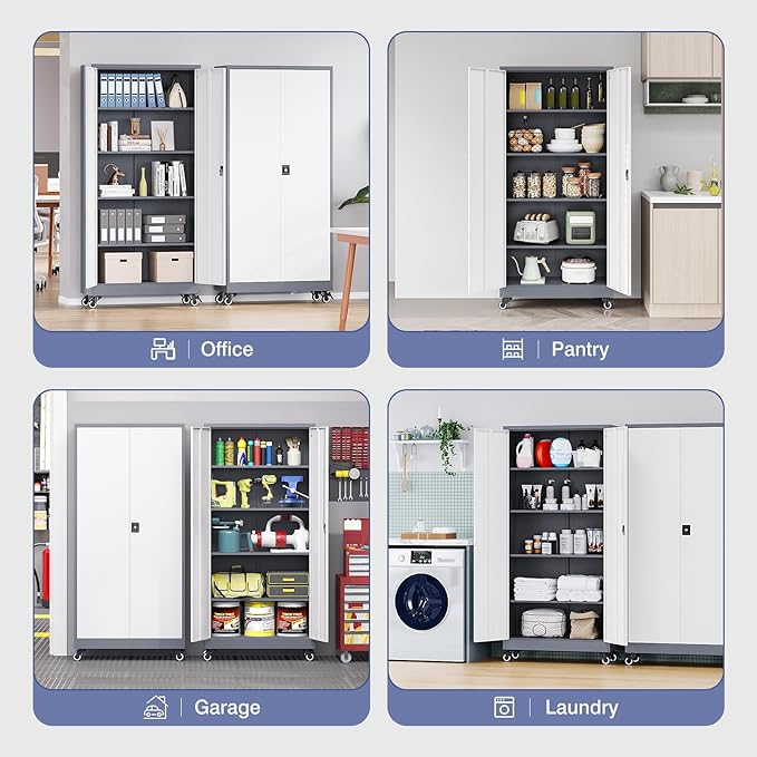 Metal Storage Cabinet with Wheels, Tall Garage Storage Cabinet with 4 - Image 6
