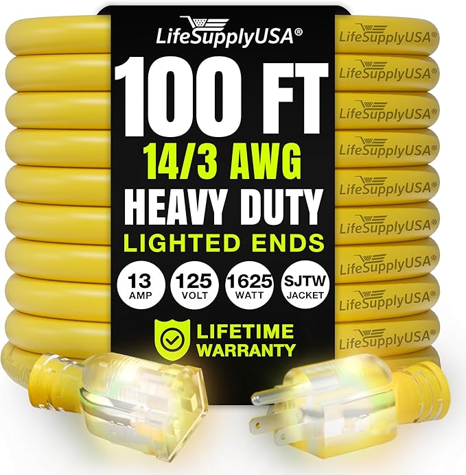 100ft Outdoor/Indoor Extension Cord 14/3 Gauge Heavy Duty 3 Prong SJTW by LifeSupplyUSA