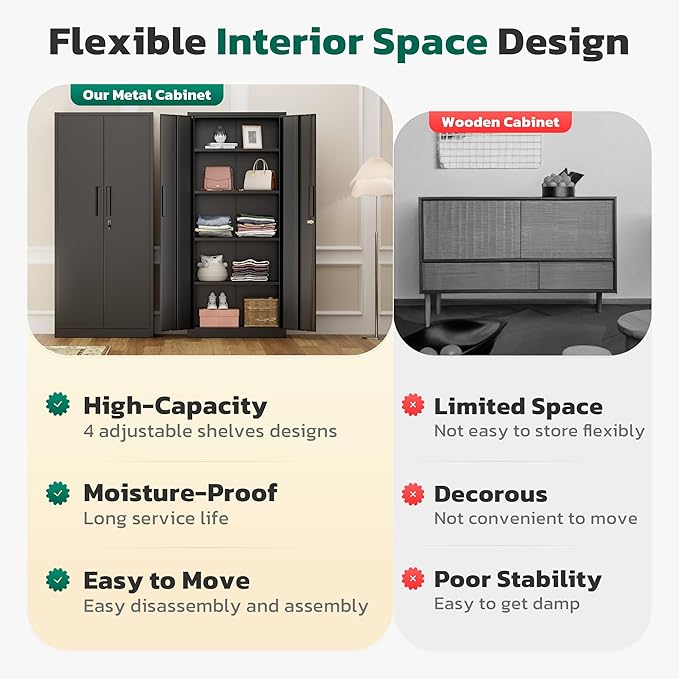 Greenvelly 63" H Metal Storage Cabinet Black, Locking Metal Cabinet, Store Tools - Image 6