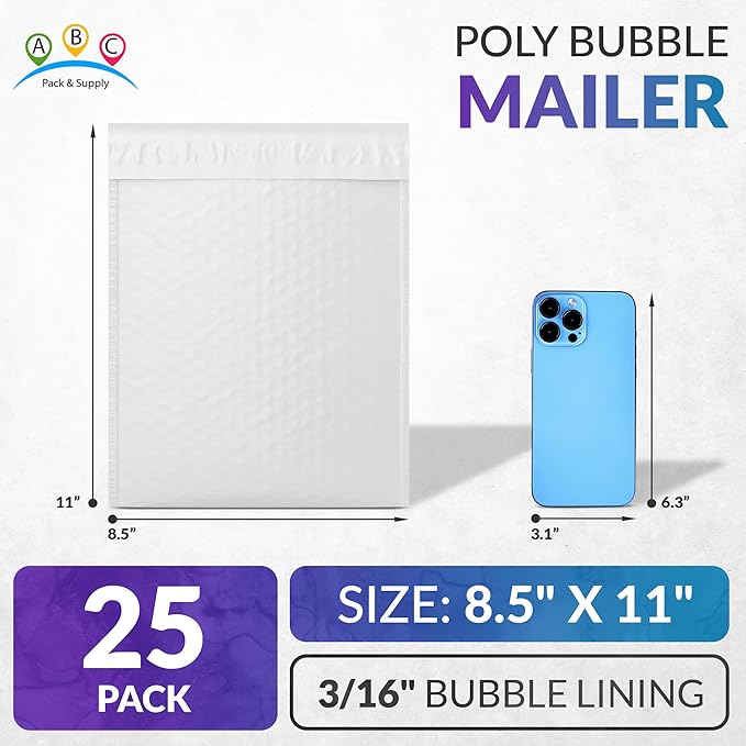 ABC PACK & SUPPLY Poly Bubble Mailers, 8.5 x 11 Inch. Pack of 25 White Padded - Image 2