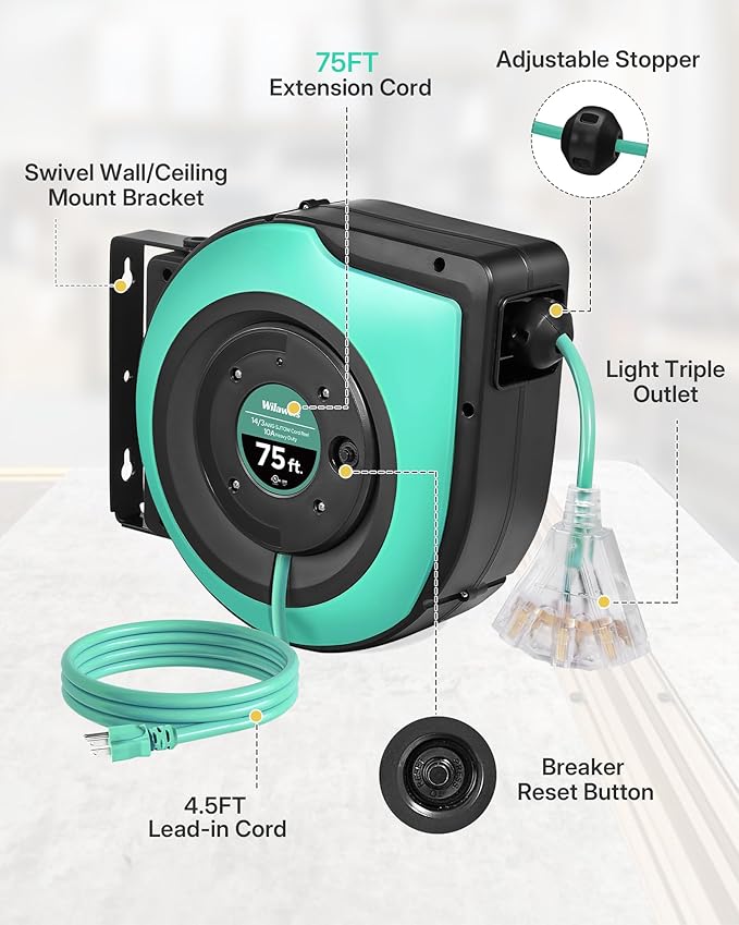 Retractable Cord Reel, 75 FT Heavy Duty Extension Cord, 14AWG/3C SJTOW - Image 8