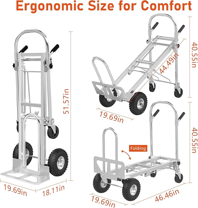 1000 LBS Dolly Cart with Wheels, 4 in 1 Folding Hand Truck, Stainless Steel - Image 6