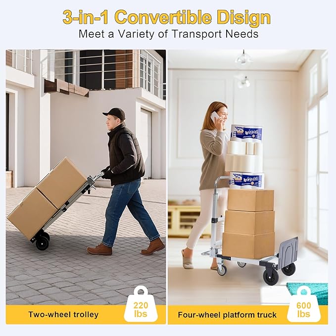 Upgraded 3 in 1 Aluminum Folding Hand Truck, 600lbs Capacity, Heavy Duty - Image 3