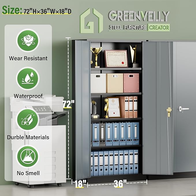 Greenvelly Metal Storage Cabinet, 72 Inch Lockable Storage Cabinet - Image 3
