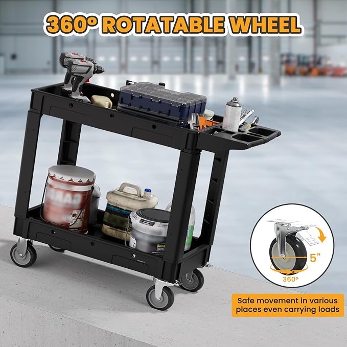 2-Tier Rolling Tool Cart, Heavy-Duty Plastic Service Cart - Image 3
