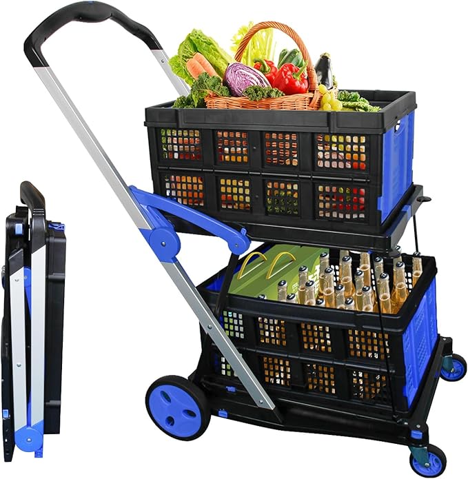 Collapsible Shopping Cart with 2 Storage Crates 2-Tier Portable Utility Cart by APOXCON