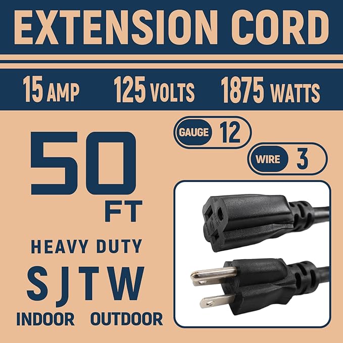 50 FT 12 Gauge Extension Cord Outdoor, Heavy Duty Weatherproof & Flame - Image 2