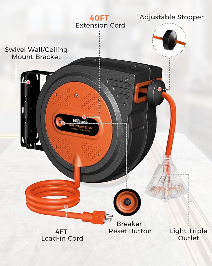 40 FT Retractable Extension Cord Reel, Heavy Duty Power Cord, 12AWG/3C SJTOW - Image 7