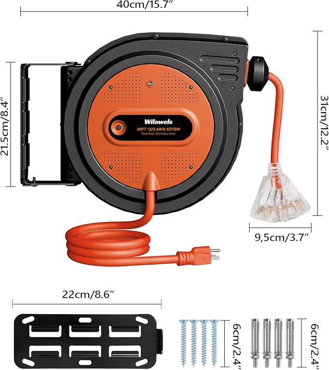 40 FT Retractable Extension Cord Reel, Heavy Duty Power Cord, 12AWG/3C SJTOW - Image 8
