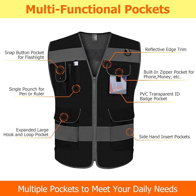TCCFCCT Mesh Safety Vest for Men Women, 9 Pockets High Visibility Reflective - Image 3