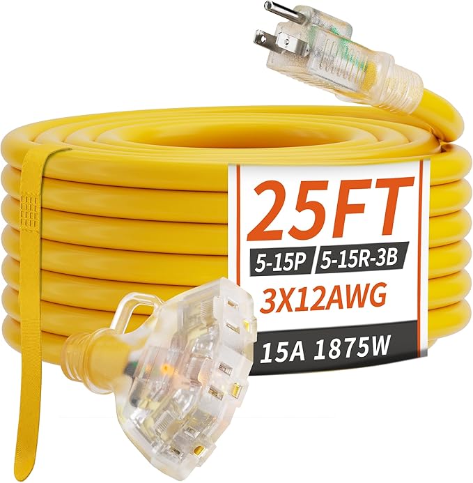 25 FT 12/3 Gauge Outdoor Extension Cord by PlugSaf