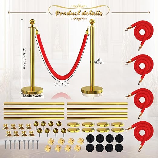 8Pcs Gold Stanchion Post Queue Velvet Ropes and Posts - Image 2
