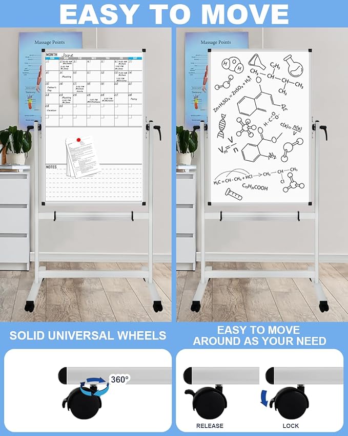 XBoard Rolling Moblie Whiteboard, 44x30 inches Double Sided Magnetic Dry Erase - Image 3