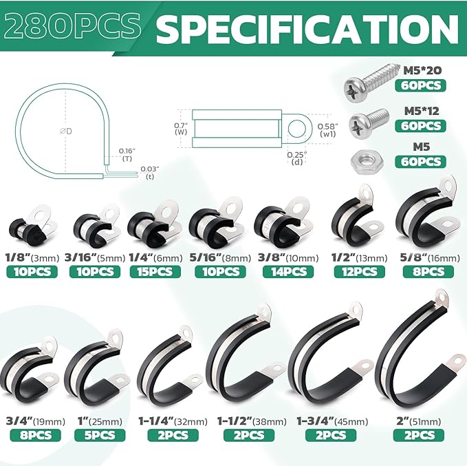 280PCS Cable Clamps with Screws Assortment Kit 304 Stainless Steel Rubber - Image 2