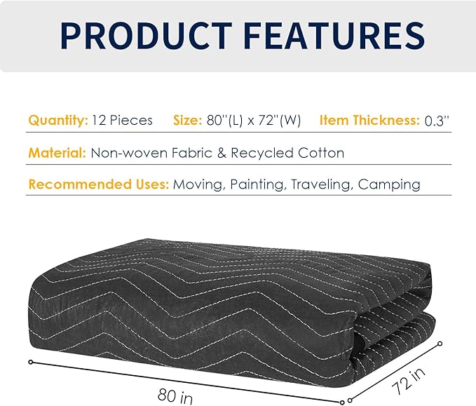 Moving Blankets Heavy Duty 12 Pack 72" x 80", Large Thick Quilted Furniture - Image 7