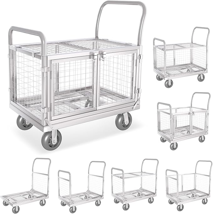 Platform Truck Cart with Cage 2-Door Design 7 in 1 Mutipurpose Handcart with 5" by Warmyou