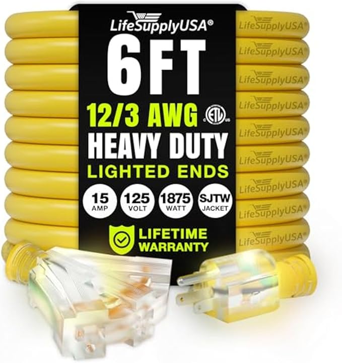 6ft Outdoor/Indoor Extension Cord 3-Outlet 12/3 Gauge Extra Heavy Duty ETL by LifeSupplyUSA