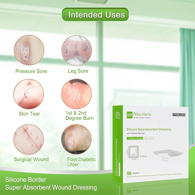 NeuHeils Silicone Super Absorbent Wound Dressing 5''x5'' 10 Packs, - Image 2
